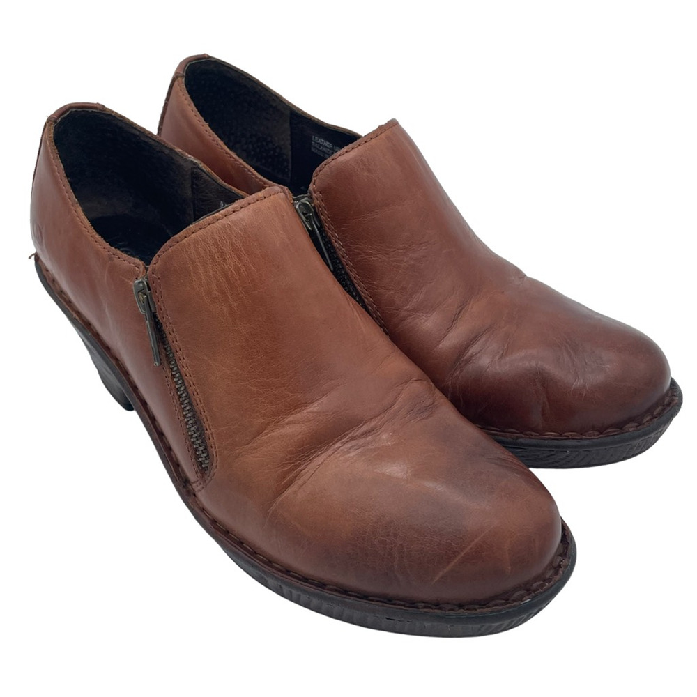 Born Womens Elliot Ankle Boots Booties Brown Leather Mid Block Heel Side Zip 9.5